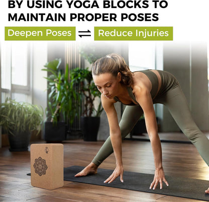 Cork Yoga Blocks 2 Pack Set,Natural Cork High Density 9"x6"x4" Yoga Blocks Odor-Resistant Non-Slip for Yoga, General Fitness, Pilates, Stretching and Toning