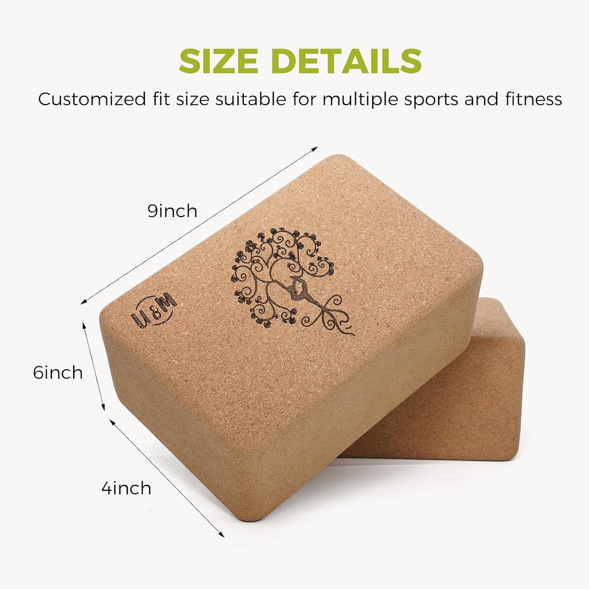 Cork Yoga Blocks 2 Pack Set,Natural Cork High Density 9"x6"x4" Yoga Blocks Odor-Resistant Non-Slip for Yoga, General Fitness, Pilates, Stretching and Toning