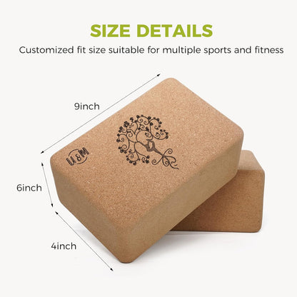 Cork Yoga Blocks 2 Pack Set,Natural Cork High Density 9"x6"x4" Yoga Blocks Odor-Resistant Non-Slip for Yoga, General Fitness, Pilates, Stretching and Toning