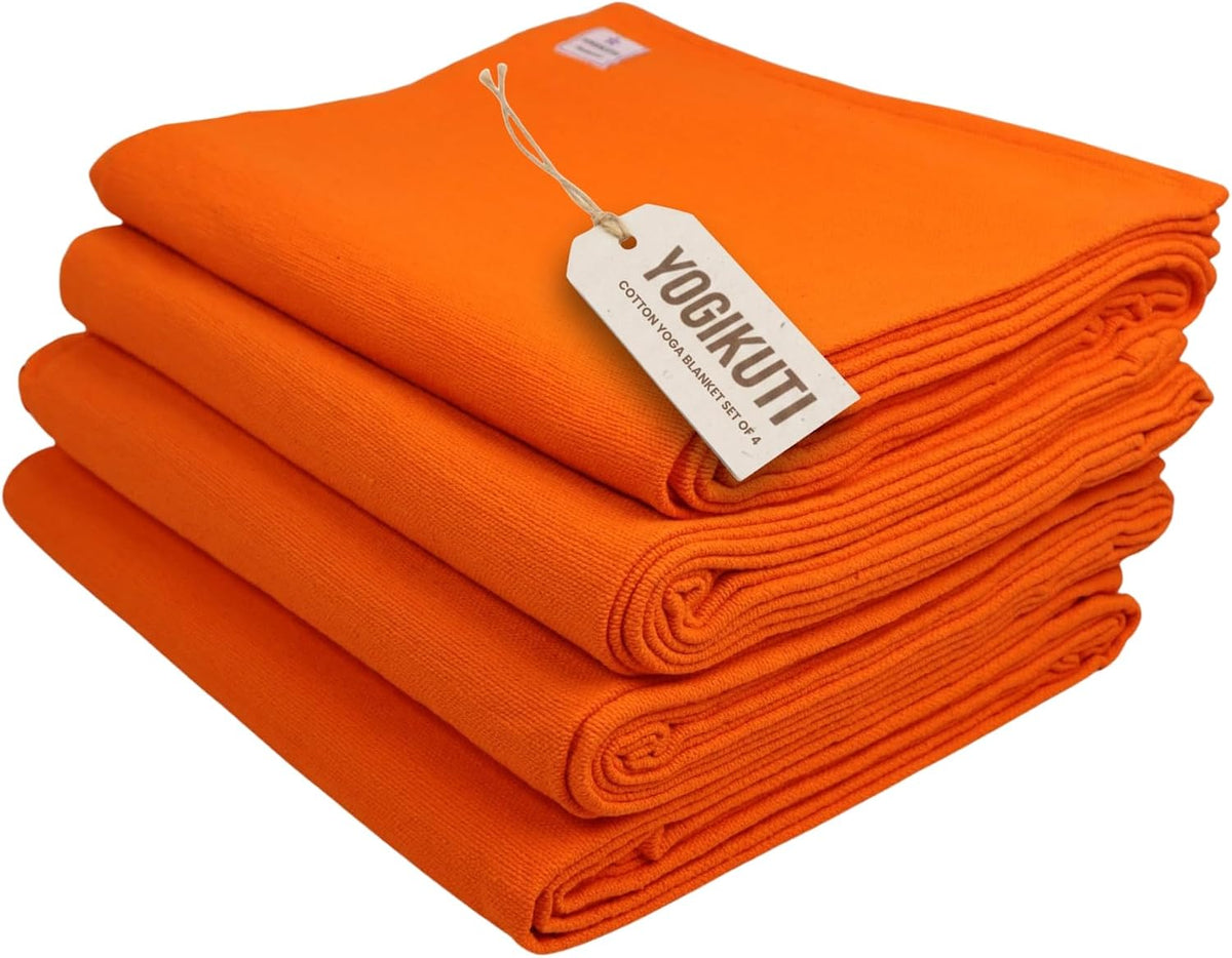 Iyengar Cotton Yoga Blanket Set of Four- Thick Handwoven Yoga Blankets for Restorative Yoga Meditation & Pranayama- Premium Cotton Yoga Blanket for Support & Comfort in Iyengar Yoga (Orange)