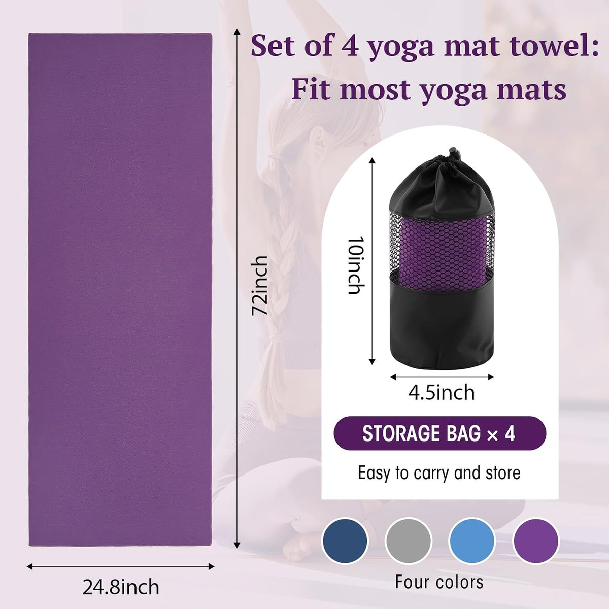 Yoga Towel 4 Pack, Hot Yoga Towel 72" x 24" Non Slip, Colorful