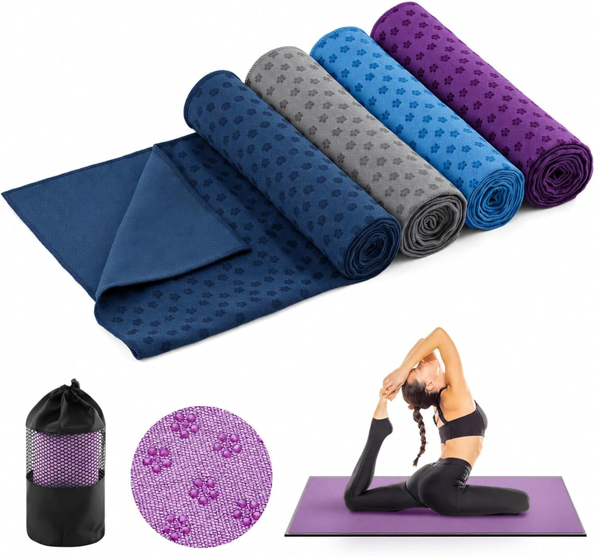 Yoga Towel 4 Pack, Hot Yoga Towel 72" x 24" Non Slip, Colorful