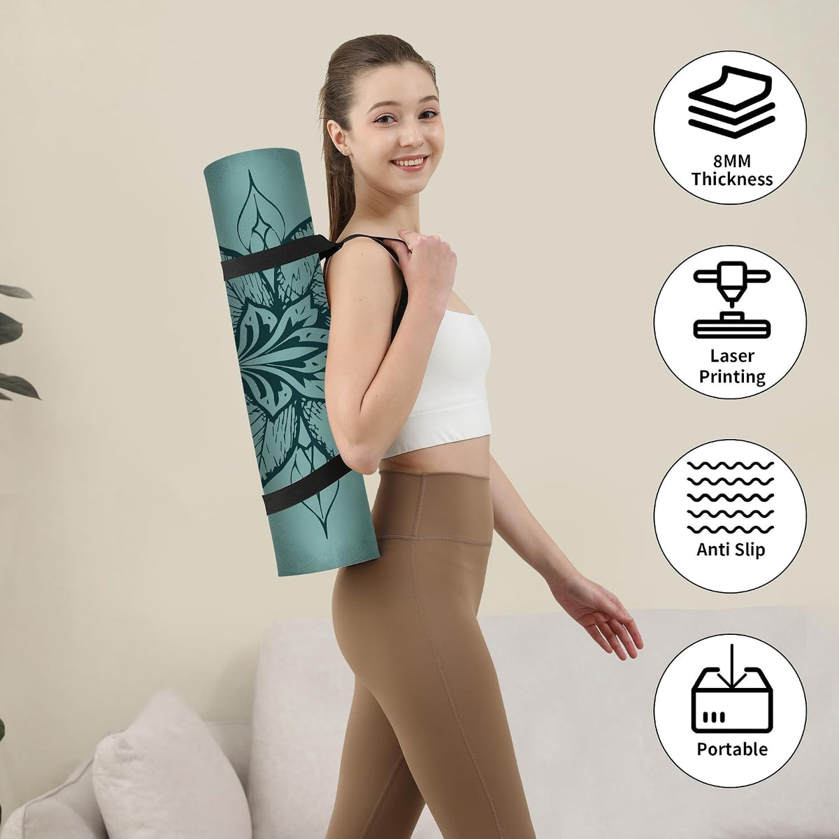 Yoga Mat Thick (8MM,1/3"), Eco-Friendly POE Non Slip Yoga Mat, High Rebound & Shock Absorption, Anti-Tear & Sweat-Resistant for Yoga, Fitness, Home, Workouts, Large Pilates Mats 72"x24" with Carrying Strap