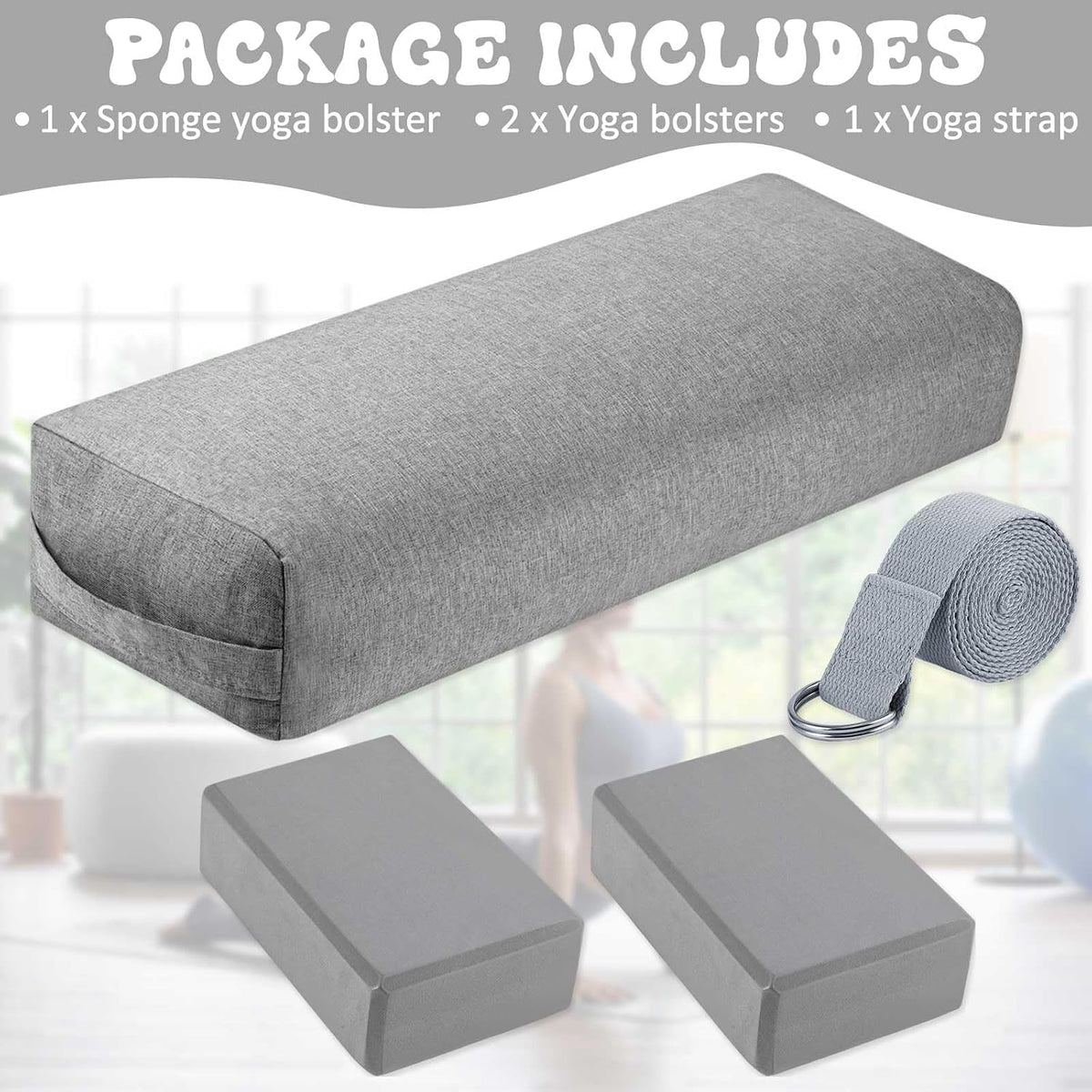 4 Pcs Yoga Bolster Pillow Blocks with Strap Set