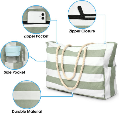 Becokan Beach Bags for Women Large Waterproof Beach Tote Bag Zipper Beach Bags Waterproof Sandproof Swim Pool Bag Large Tote