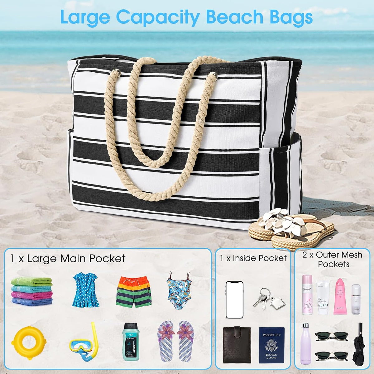 Becokan Beach Bags for Women Large Waterproof Beach Tote Bag Zipper Beach Bags Waterproof Sandproof Swim Pool Bag Large Tote