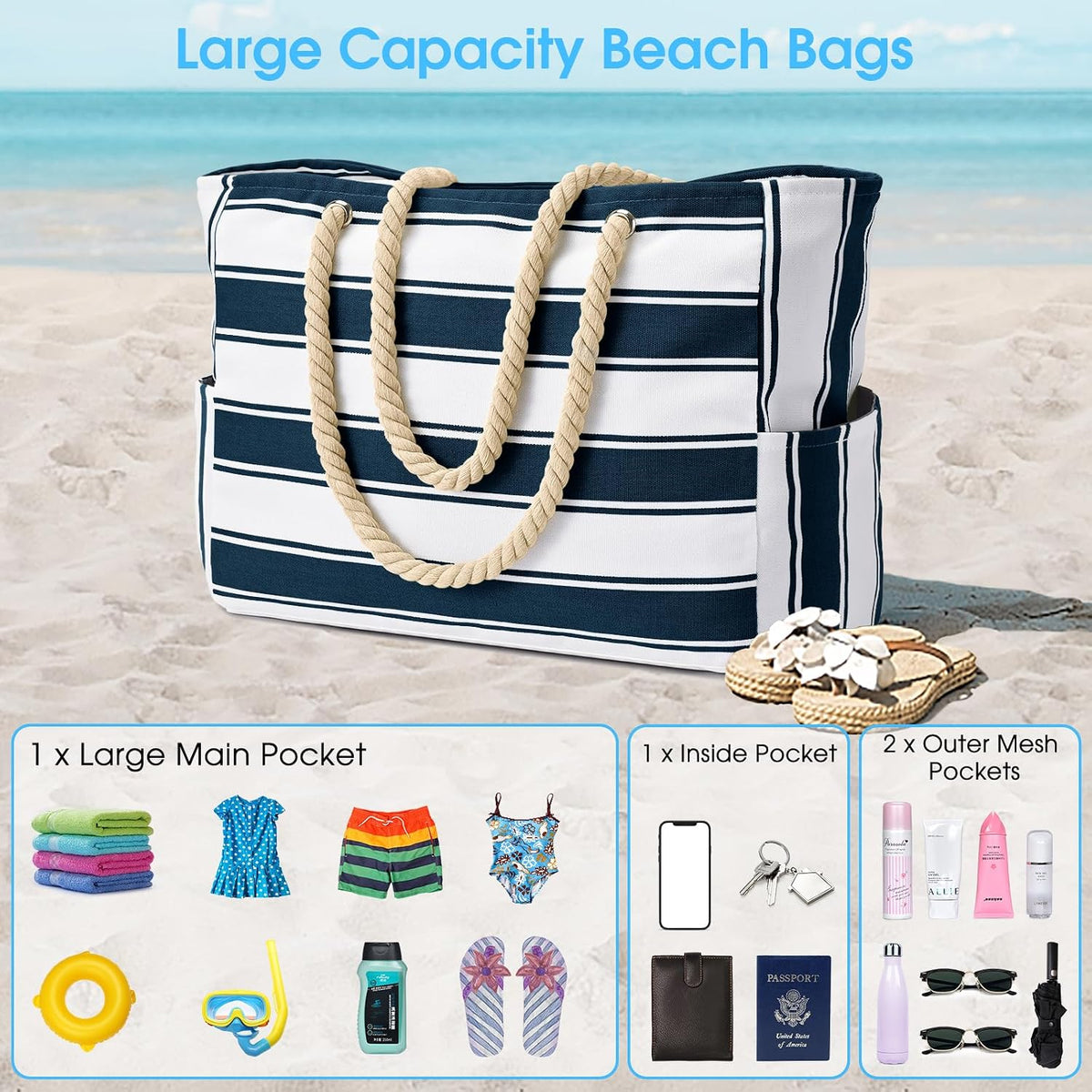 Becokan Beach Bags for Women Large Waterproof Beach Tote Bag Zipper Beach Bags Waterproof Sandproof Swim Pool Bag Large Tote