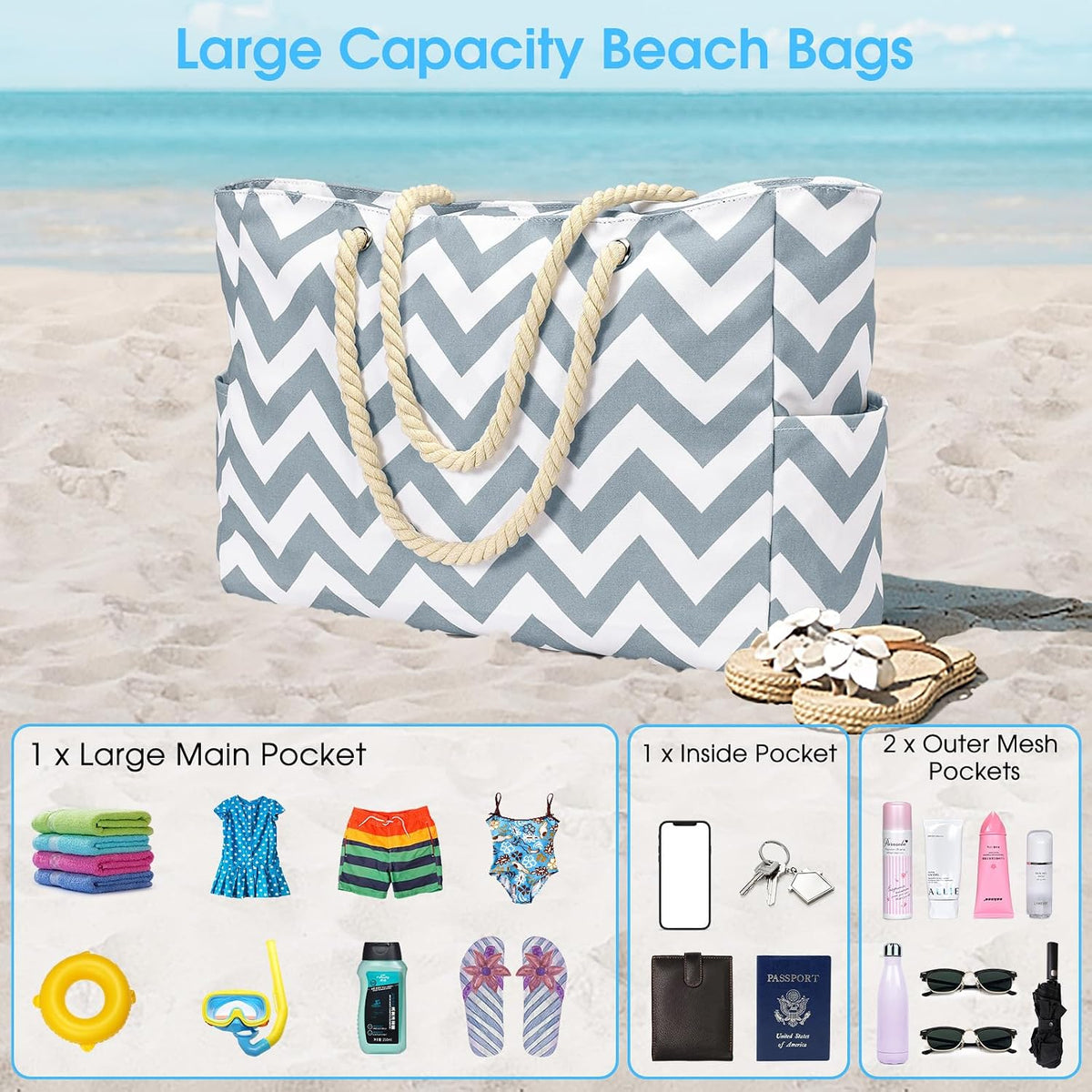 Becokan Beach Bags for Women Large Waterproof Beach Tote Bag Zipper Beach Bags Waterproof Sandproof Swim Pool Bag Large Tote