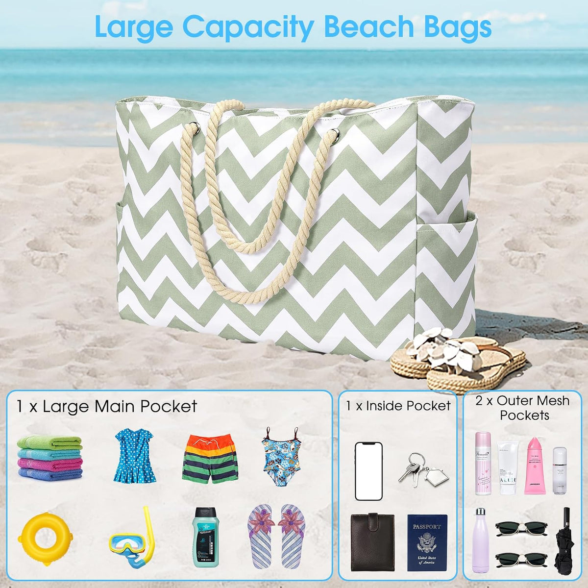 Becokan Beach Bags for Women Large Waterproof Beach Tote Bag Zipper Beach Bags Waterproof Sandproof Swim Pool Bag Large Tote