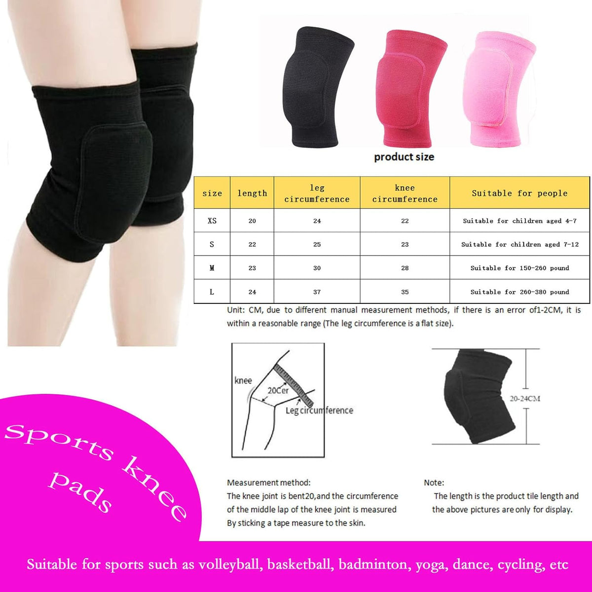 Anti slip sponge, soft and breathable men's, women's, girls', and children's black knee pads suitable for sports scenes such as volleyball, football, dance, yoga, wrestling, running, cycling, etc (Black, Large)