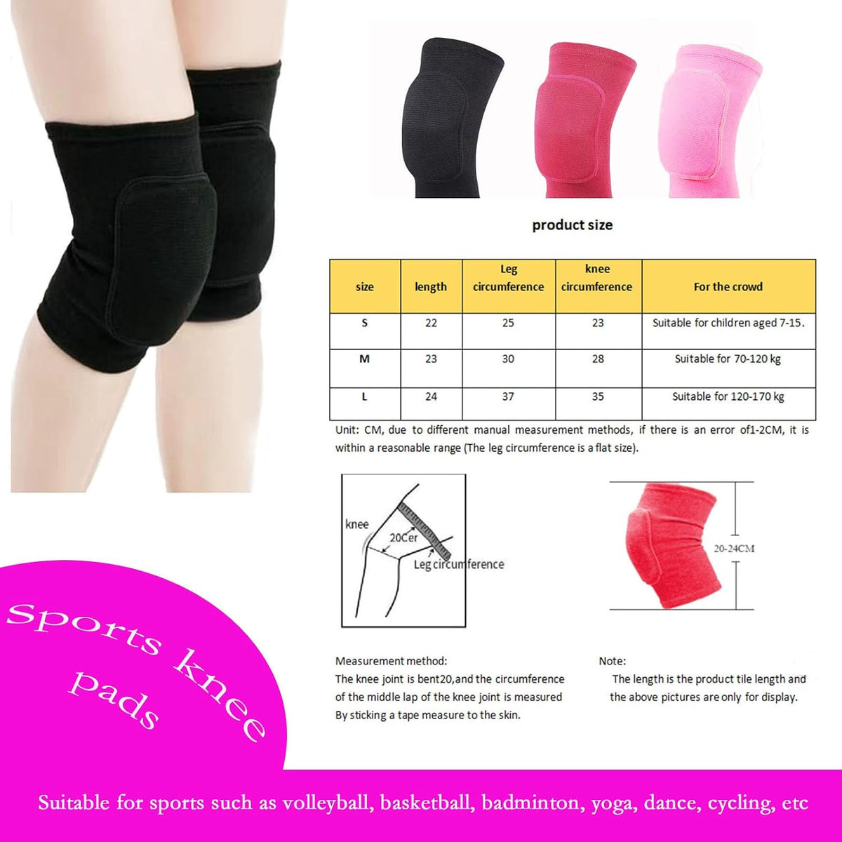 Anti slip sponge, soft and breathable men's, women's, girls', and children's black knee pads suitable for sports scenes such as volleyball, football, dance, yoga, wrestling, running, cycling, etc (Black, Large)