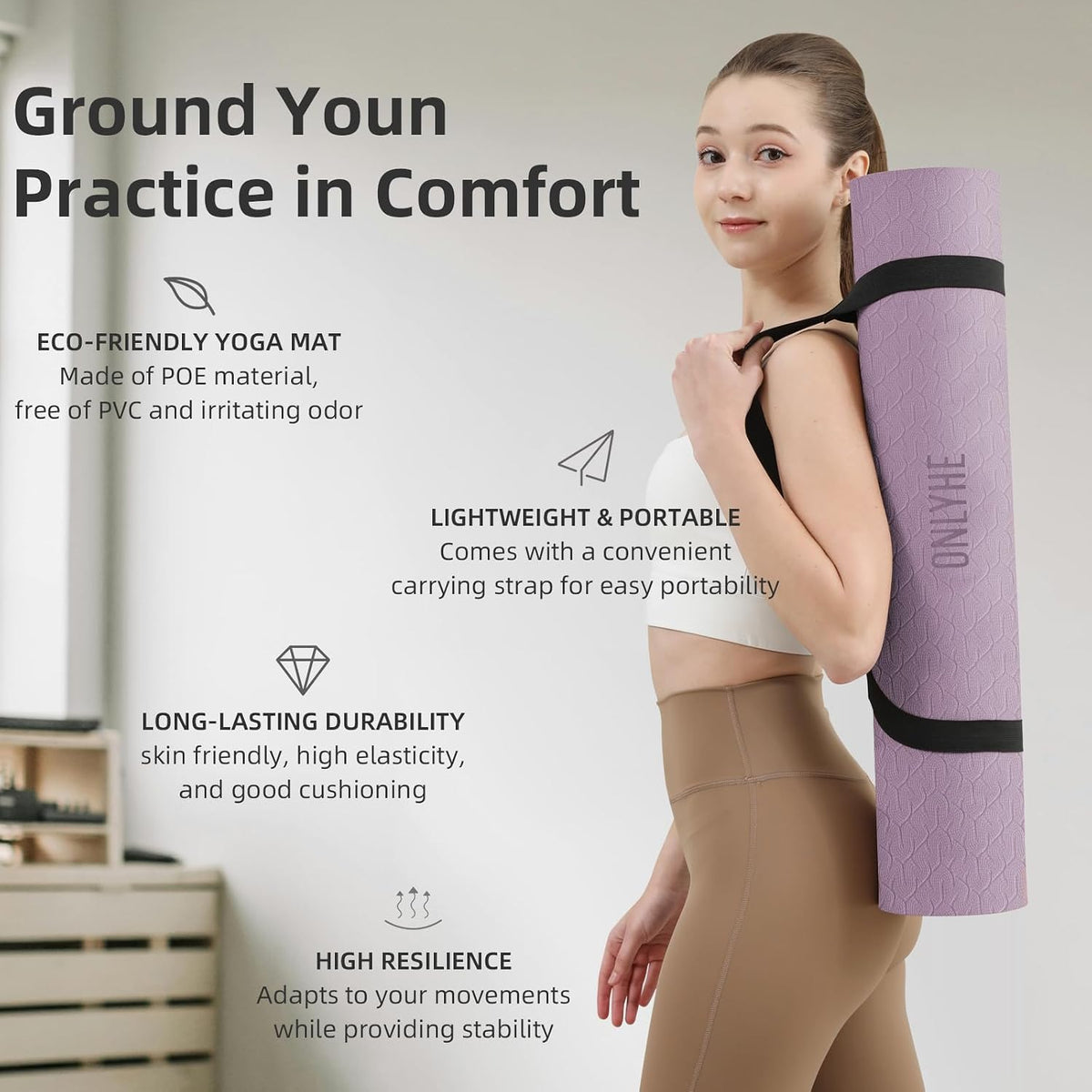 Yoga Mat Extra thick 8mm Exercise mat, Soft Lightweight TPE Fitness Mat with strap, High Elasticity, Anti-fatigue,non-slip mat for Women, Yoga, Camping, Travel, Gym & Outdoor | 72"L x 0.32"Th