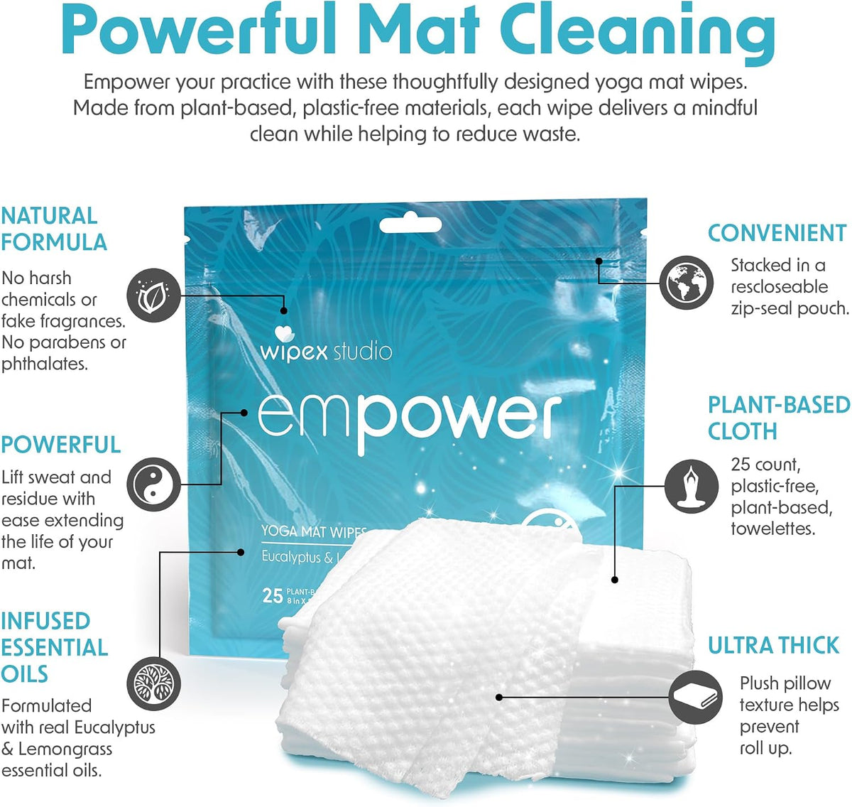 Studio Empower Yoga Mat Cleaner Wipes 25ct Zip Pack, Ultra Thick and Textured, Lemongrass Eucalyptus Scent, Natural Choice for Yoga, Pilates, or Any Movement Practice