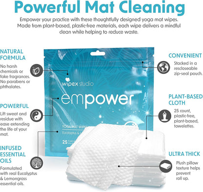 Studio Empower Yoga Mat Cleaner Wipes 25ct Zip Pack, Ultra Thick and Textured, Lemongrass Eucalyptus Scent, Natural Choice for Yoga, Pilates, or Any Movement Practice
