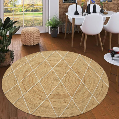 Kilim Rug 3' Round Area Rug Olive Beige White Braided Jute Carpet, Indoor Outdoor Flatweave Rug for Bedroom, Bedside, Kitchen, Beach & Terrace Yoga Mat - Colors A