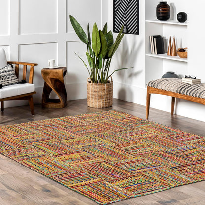 Kilim Rug 3' Round Area Rug Olive Beige White Braided Jute Carpet, Indoor Outdoor Flatweave Rug for Bedroom, Bedside, Kitchen, Beach & Terrace Yoga Mat - Colors A