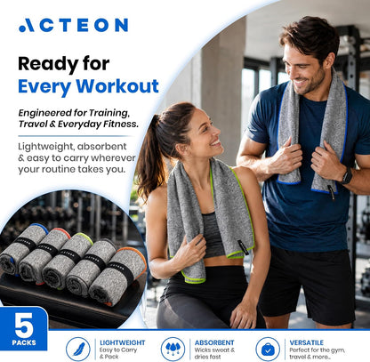 Microfiber Gym Towels 5 Pack, Quick Dry Silver ION Odor-Free Sweat Towel, Super Absorbent Fast Drying for Men & Women, Workout, Yoga, Running, Hiking, Travel – 16x30.5 Inch