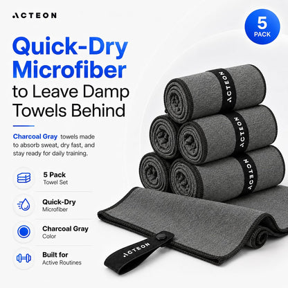 Microfiber Gym Towels 5 Pack, Quick Dry Silver ION Odor-Free Sweat Towel, Super Absorbent Fast Drying for Men & Women, Workout, Yoga, Running, Hiking, Travel – 16x30.5 Inch