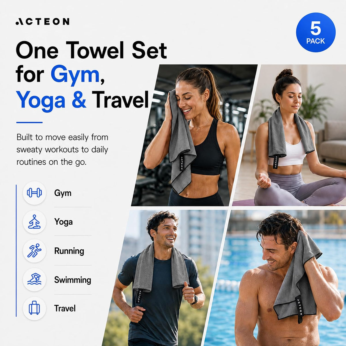 Microfiber Gym Towels 5 Pack, Quick Dry Silver ION Odor-Free Sweat Towel, Super Absorbent Fast Drying for Men & Women, Workout, Yoga, Running, Hiking, Travel – 16x30.5 Inch
