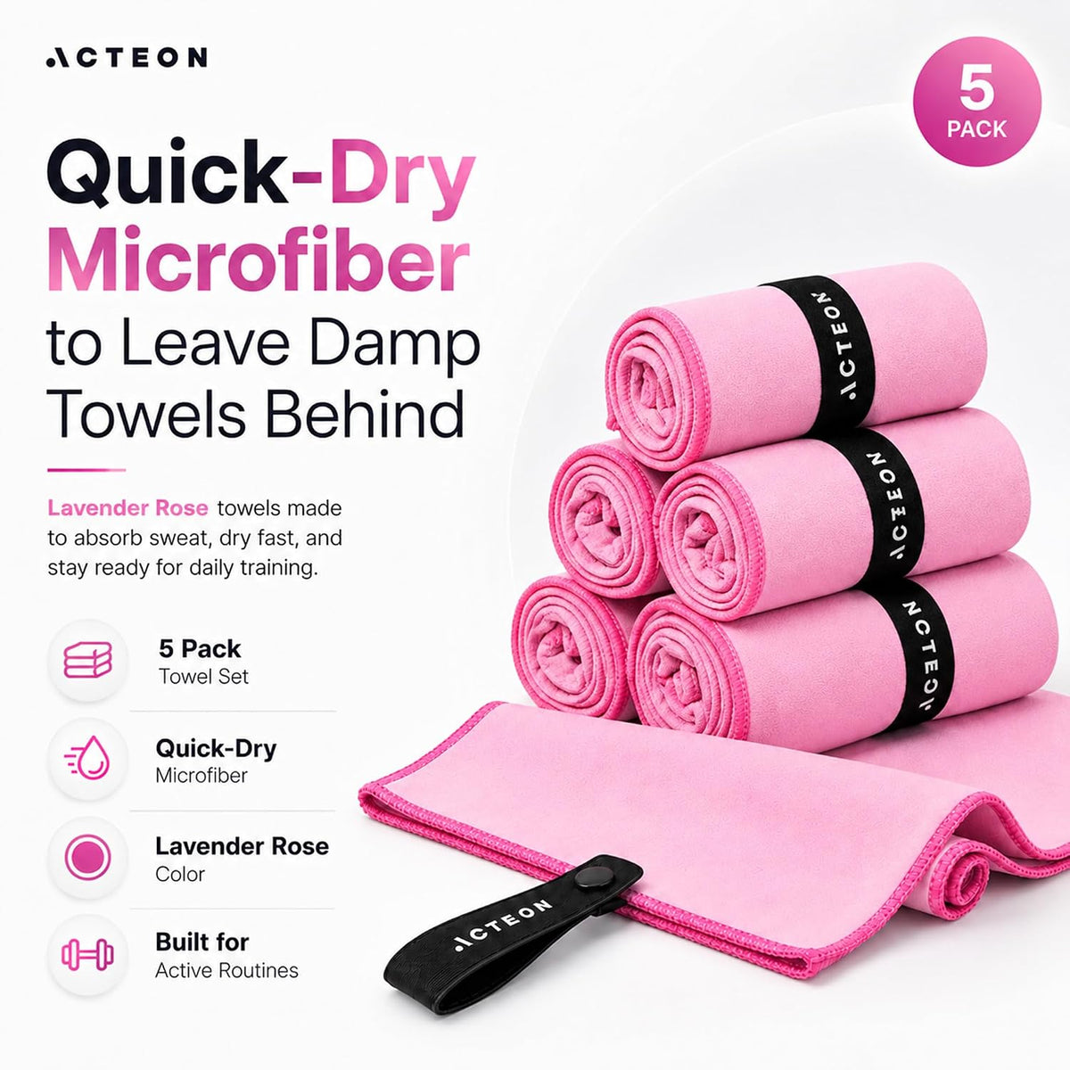 Microfiber Gym Towels 5 Pack, Quick Dry Silver ION Odor-Free Sweat Towel, Super Absorbent Fast Drying for Men & Women, Workout, Yoga, Running, Hiking, Travel – 16x30.5 Inch