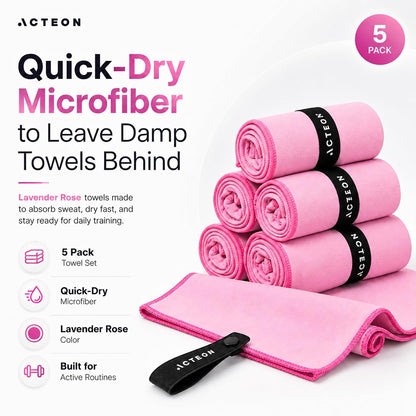 Microfiber Gym Towels 5 Pack, Quick Dry Silver ION Odor-Free Sweat Towel, Super Absorbent Fast Drying for Men & Women, Workout, Yoga, Running, Hiking, Travel – 16x30.5 Inch
