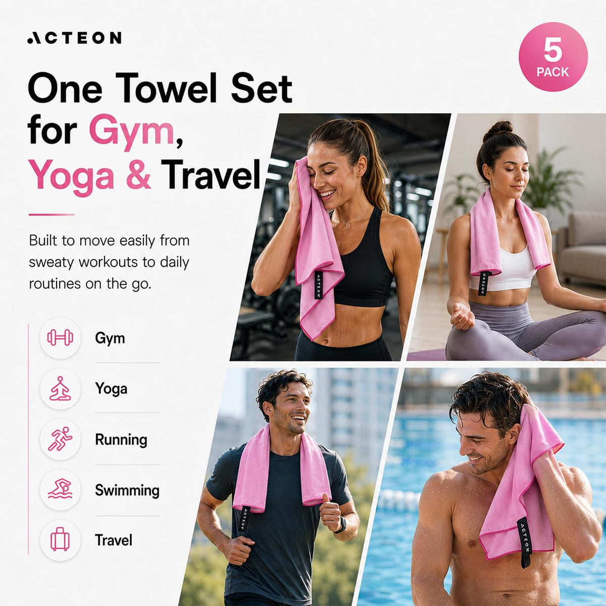 Microfiber Gym Towels 5 Pack, Quick Dry Silver ION Odor-Free Sweat Towel, Super Absorbent Fast Drying for Men & Women, Workout, Yoga, Running, Hiking, Travel – 16x30.5 Inch