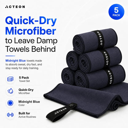 Microfiber Gym Towels 5 Pack, Quick Dry Silver ION Odor-Free Sweat Towel, Super Absorbent Fast Drying for Men & Women, Workout, Yoga, Running, Hiking, Travel – 16x30.5 Inch