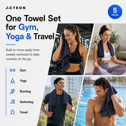Microfiber Gym Towels 5 Pack, Quick Dry Silver ION Odor-Free Sweat Towel, Super Absorbent Fast Drying for Men & Women, Workout, Yoga, Running, Hiking, Travel – 16x30.5 Inch