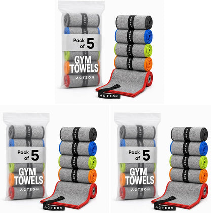 Microfiber Gym Towels 5 Pack, Quick Dry Silver ION Odor-Free Sweat Towel, Super Absorbent Fast Drying for Men & Women, Workout, Yoga, Running, Hiking, Travel – 16x30.5 Inch
