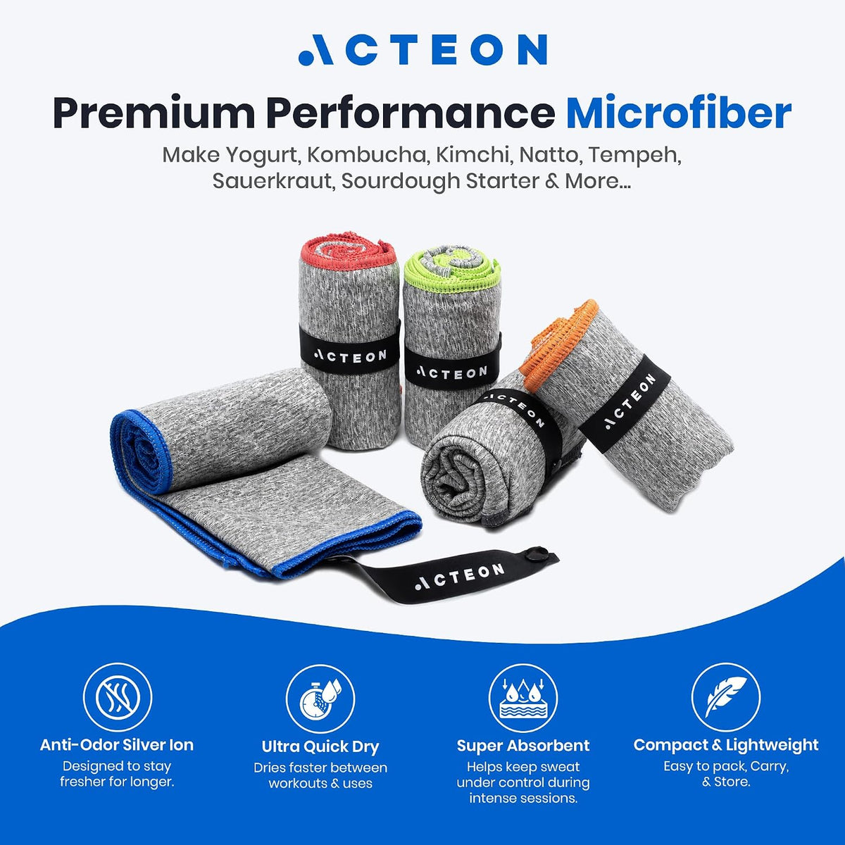 Microfiber Gym Towels 5 Pack, Quick Dry Silver ION Odor-Free Sweat Towel, Super Absorbent Fast Drying for Men & Women, Workout, Yoga, Running, Hiking, Travel – 16x30.5 Inch