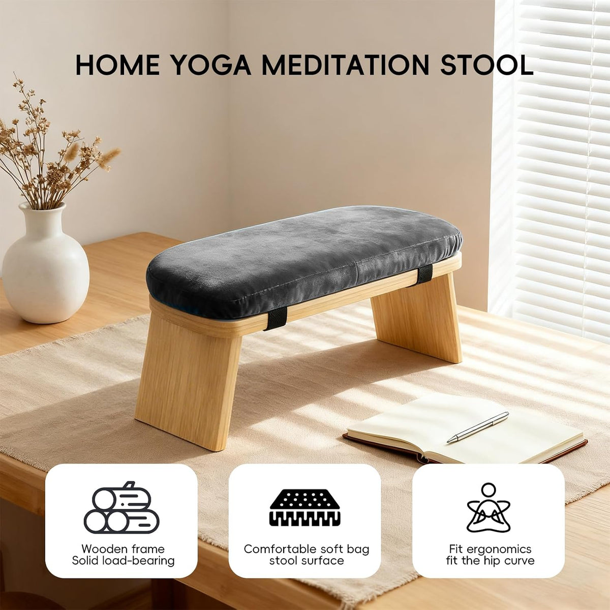 Natural Beech Wood Yoga Bench, Ergonomic Design for Kneeling, Meditation, Pilates, FSC Certified (Green)