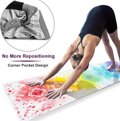 Yoga Mat Towel with Corner Pockets - Microfiber Yoga Towels for Hot Yoga Non Slip Moisture Wicking Sweat Absorbent, Tree of Life Yoga Towel Easy for Travel, Use in Hot Yoga,Bikram,Pilates and Fitness