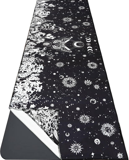 Yoga Mat Towel with Corner Pockets - Microfiber Yoga Towels for Hot Yoga Non Slip Moisture Wicking Sweat Absorbent, Tree of Life Yoga Towel Easy for Travel, Use in Hot Yoga,Bikram,Pilates and Fitness