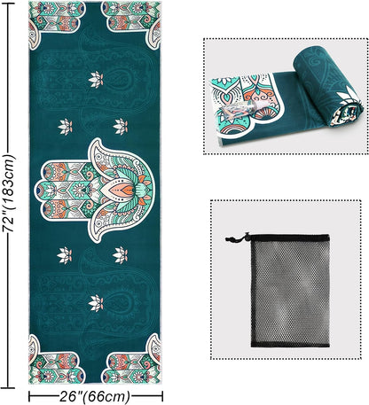 Yoga Mat Towel with Corner Pockets - Microfiber Yoga Towels for Hot Yoga Non Slip Moisture Wicking Sweat Absorbent, Tree of Life Yoga Towel Easy for Travel, Use in Hot Yoga,Bikram,Pilates and Fitness