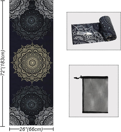 Yoga Mat Towel with Corner Pockets - Microfiber Yoga Towels for Hot Yoga Non Slip Moisture Wicking Sweat Absorbent, Tree of Life Yoga Towel Easy for Travel, Use in Hot Yoga,Bikram,Pilates and Fitness