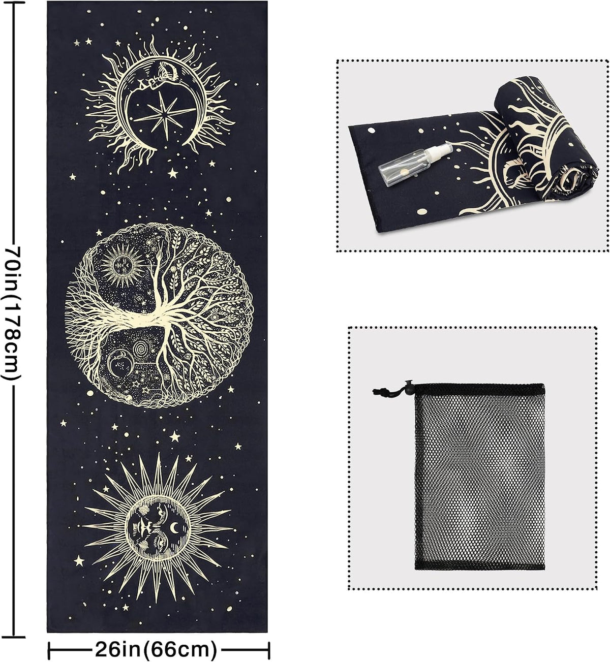 Yoga Mat Towel with Corner Pockets - Microfiber Yoga Towels for Hot Yoga Non Slip Moisture Wicking Sweat Absorbent, Tree of Life Yoga Towel Easy for Travel, Use in Hot Yoga,Bikram,Pilates and Fitness