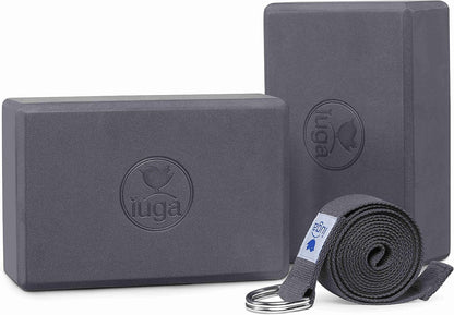 IUGA Yoga Blocks 2 Pack With Strap Non Slip High Density 9"x6"x3" Solid & Cork Yoga Block With Yoga Strap to Improve Strength Balance for Yoga Pilates Meditation