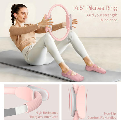 Pilates Kit, Home Pilates Workout Kit for Women, Pilates Equipment with 14.5"" Pilates Ring and Ball, Resistance Bands, Ankle Weights, Sliders & Grip Socks for Home Workouts