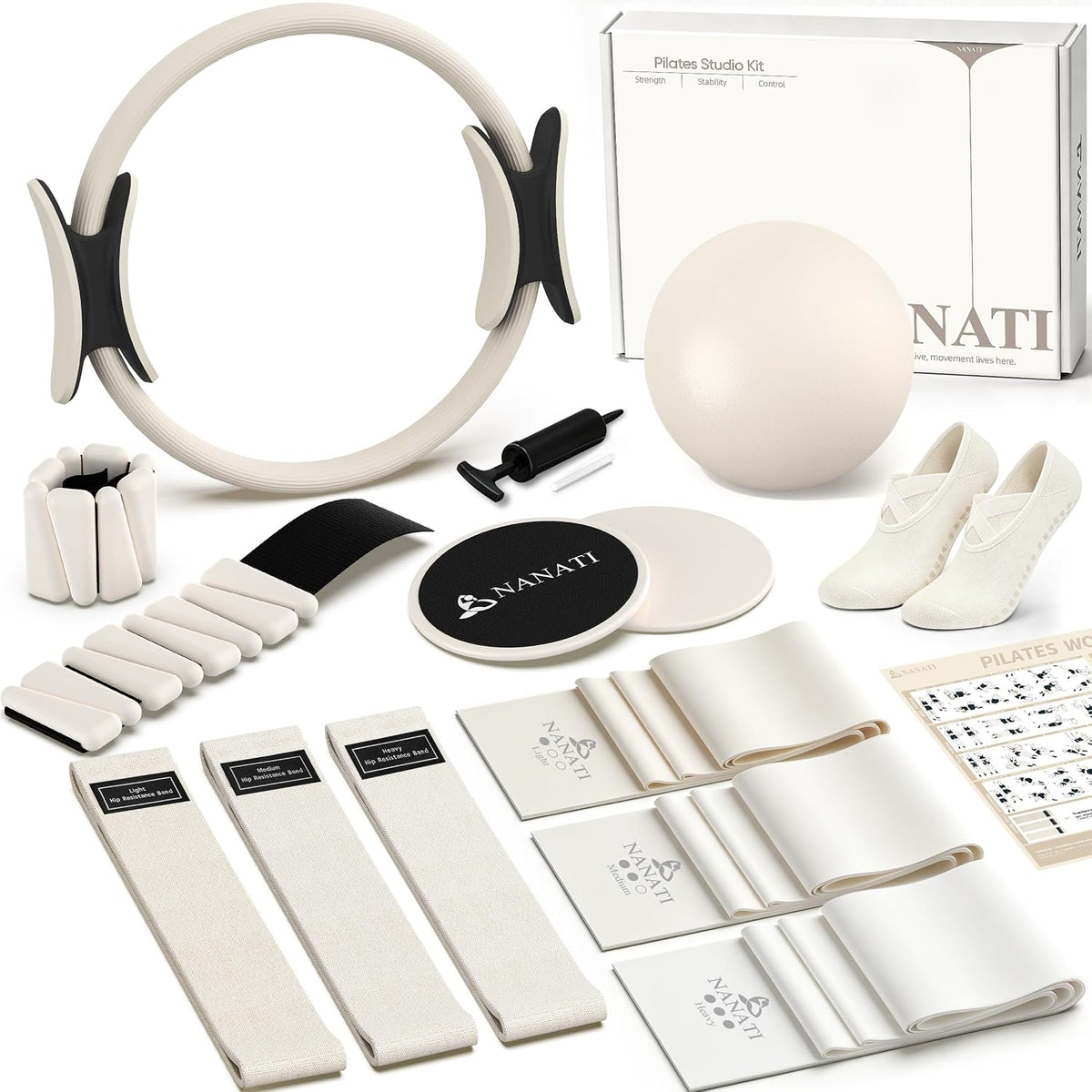 Pilates Kit, Home Pilates Workout Kit for Women, Pilates Equipment with 14.5"" Pilates Ring and Ball, Resistance Bands, Ankle Weights, Sliders & Grip Socks for Home Workouts