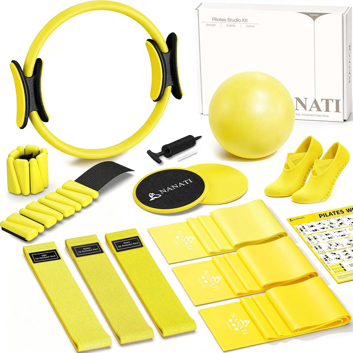 Pilates Kit, Home Pilates Workout Kit for Women, Pilates Equipment with 14.5"" Pilates Ring and Ball, Resistance Bands, Ankle Weights, Sliders & Grip Socks for Home Workouts