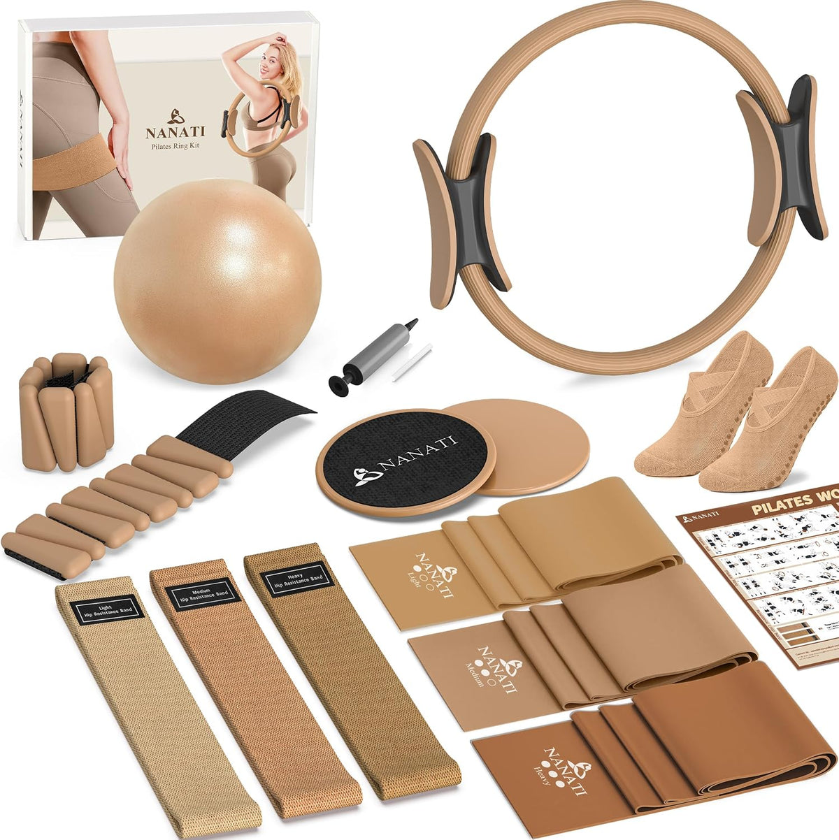 Pilates Kit, Home Pilates Workout Kit for Women, Pilates Equipment with 14.5"" Pilates Ring and Ball, Resistance Bands, Ankle Weights, Sliders & Grip Socks for Home Workouts