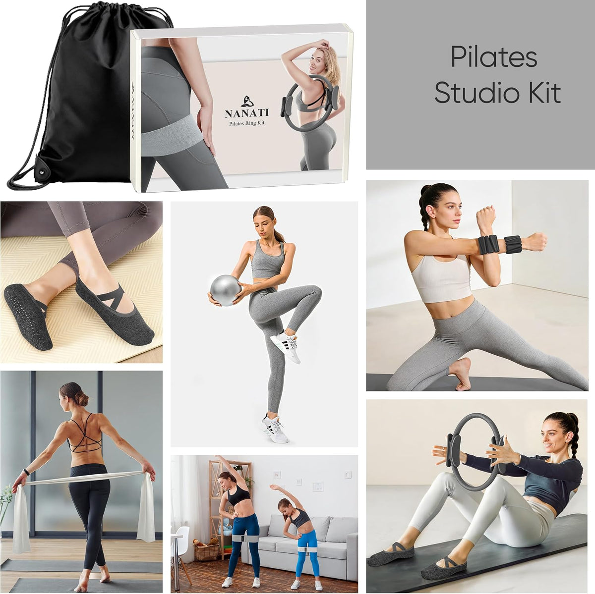 Pilates Kit, Home Pilates Workout Kit for Women, Pilates Equipment with 14.5"" Pilates Ring and Ball, Resistance Bands, Ankle Weights, Sliders & Grip Socks for Home Workouts