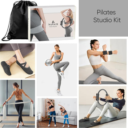 Pilates Kit, Home Pilates Workout Kit for Women, Pilates Equipment with 14.5"" Pilates Ring and Ball, Resistance Bands, Ankle Weights, Sliders & Grip Socks for Home Workouts