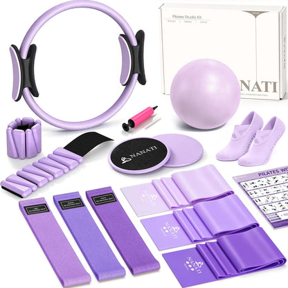 Pilates Kit, Home Pilates Workout Kit for Women, Pilates Equipment with 14.5"" Pilates Ring and Ball, Resistance Bands, Ankle Weights, Sliders & Grip Socks for Home Workouts