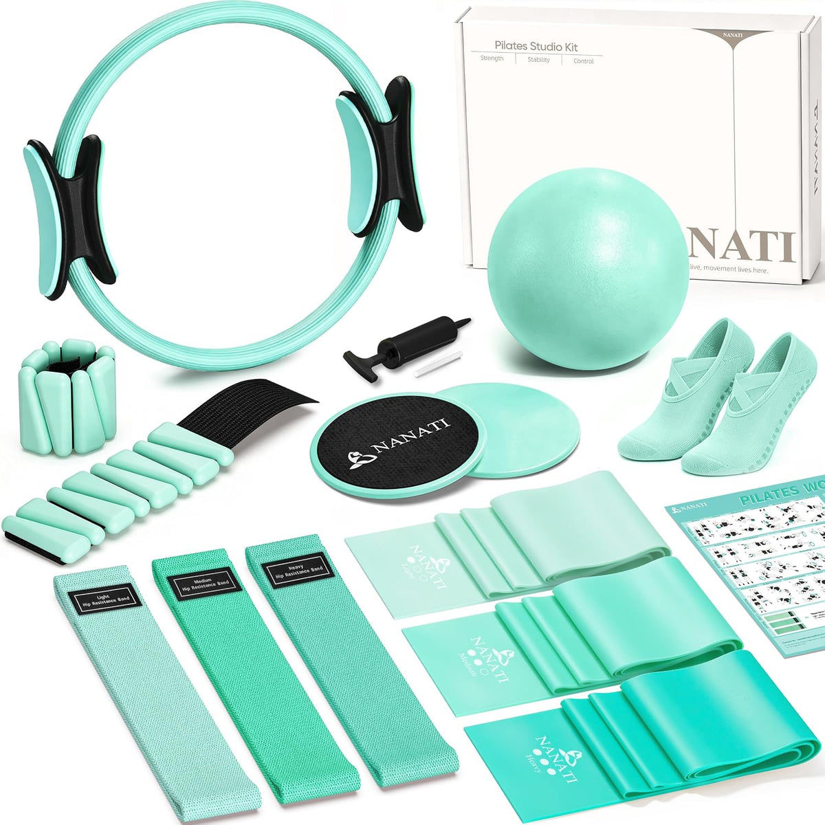 Pilates Kit, Home Pilates Workout Kit for Women, Pilates Equipment with 14.5"" Pilates Ring and Ball, Resistance Bands, Ankle Weights, Sliders & Grip Socks for Home Workouts