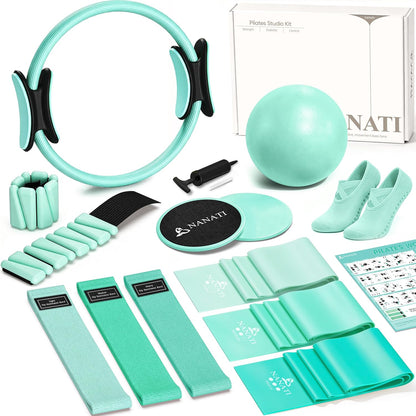 Pilates Kit, Home Pilates Workout Kit for Women, Pilates Equipment with 14.5"" Pilates Ring and Ball, Resistance Bands, Ankle Weights, Sliders & Grip Socks for Home Workouts