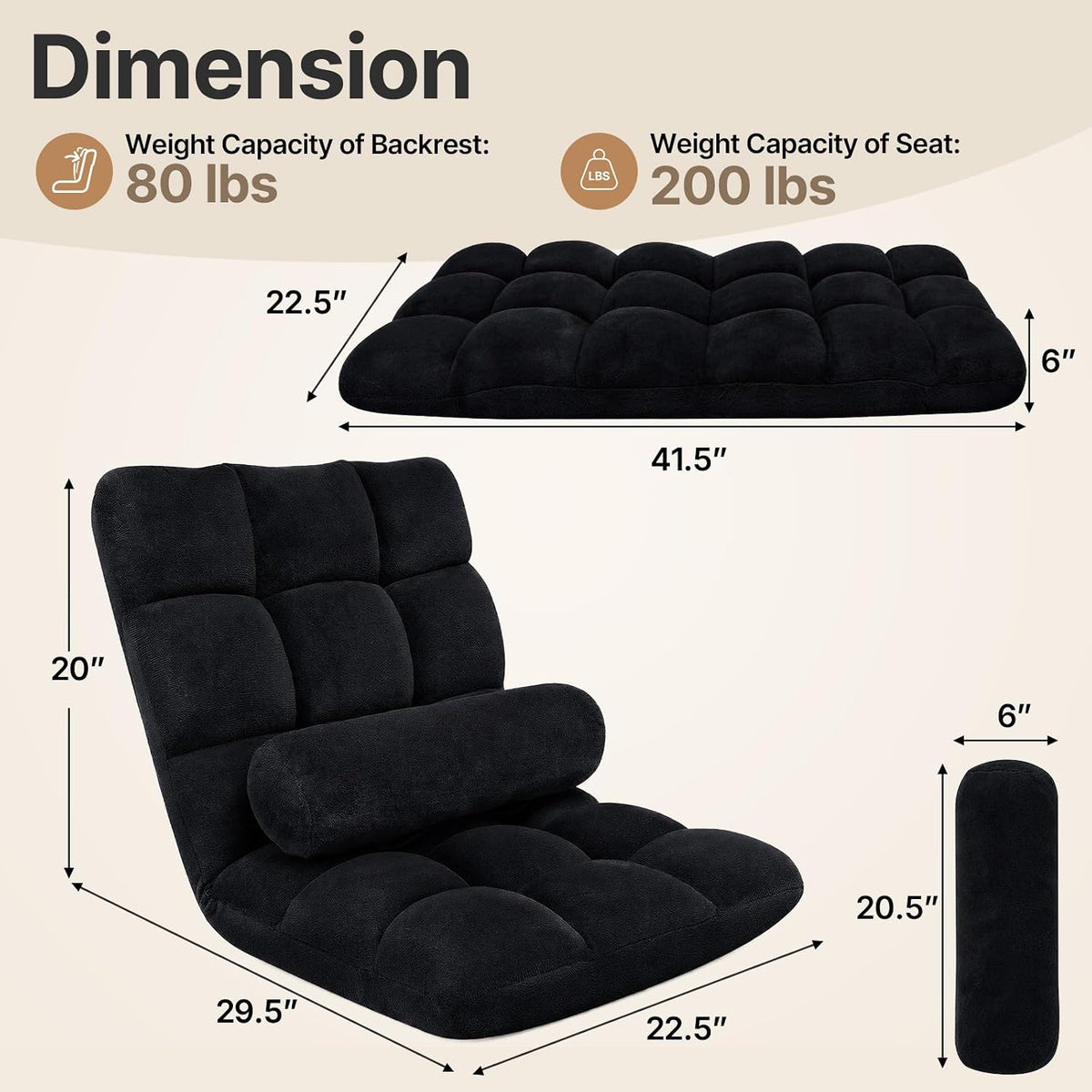 Folding Floor Chair with Back Support, 6 Adjustable Position