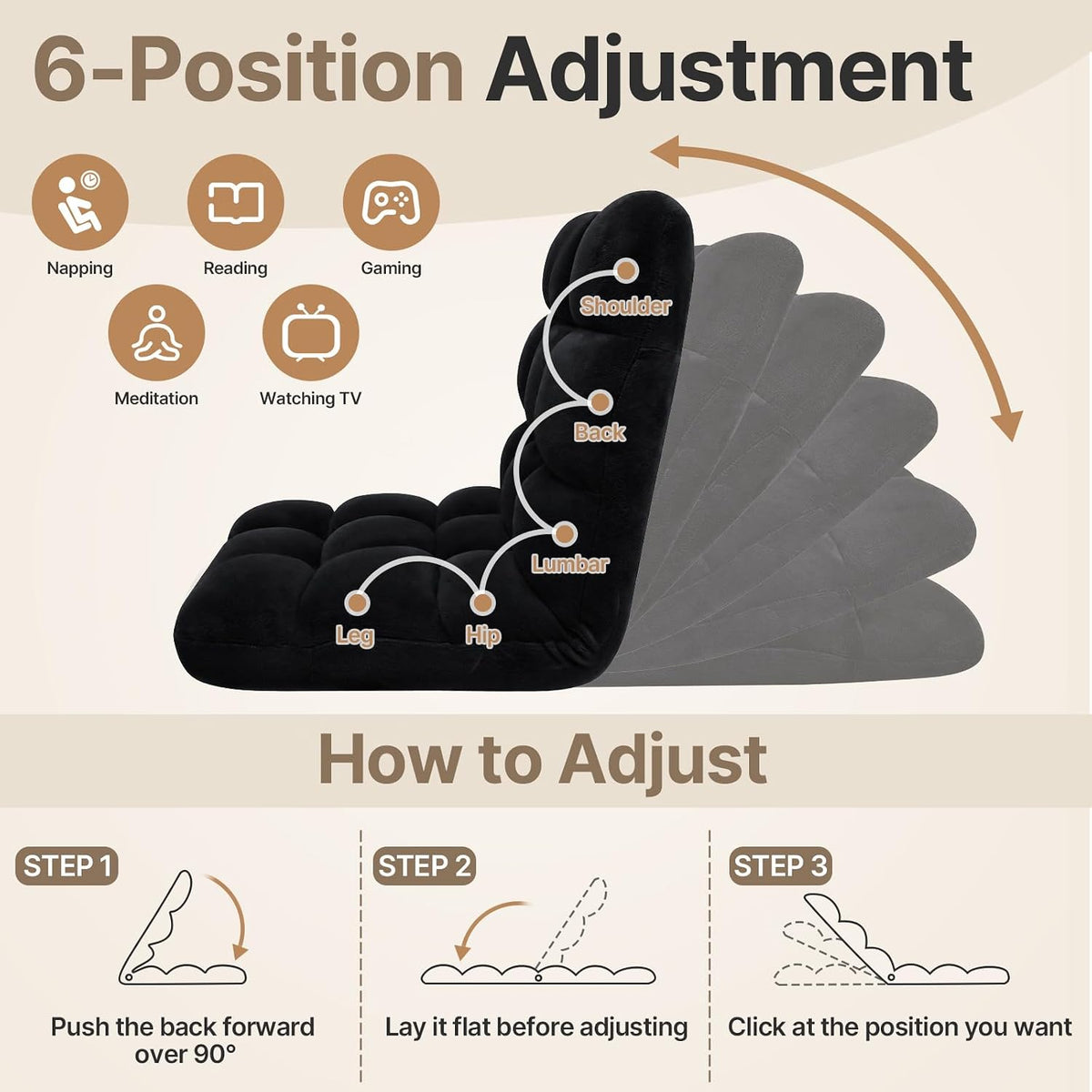 Folding Floor Chair with Back Support, 6 Adjustable Position