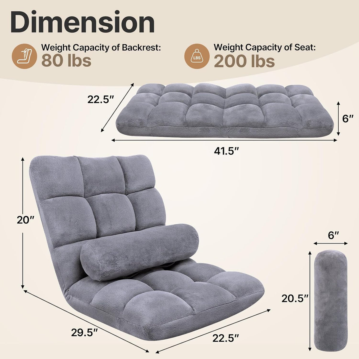 Folding Floor Chair with Back Support, 6 Adjustable Position