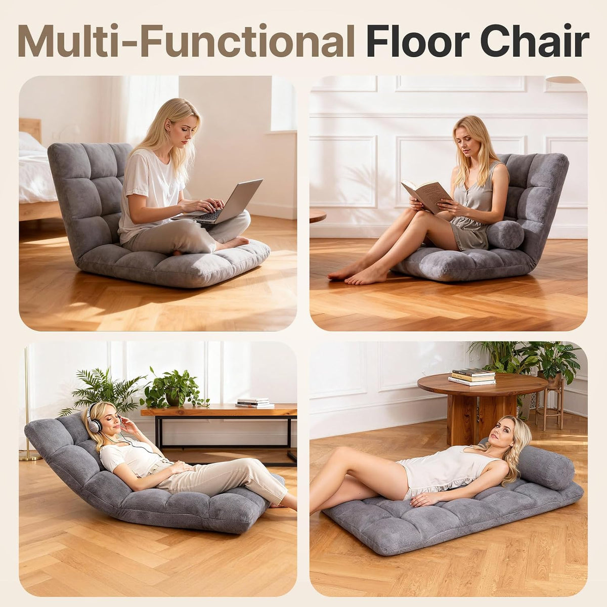 Folding Floor Chair with Back Support, 6 Adjustable Position